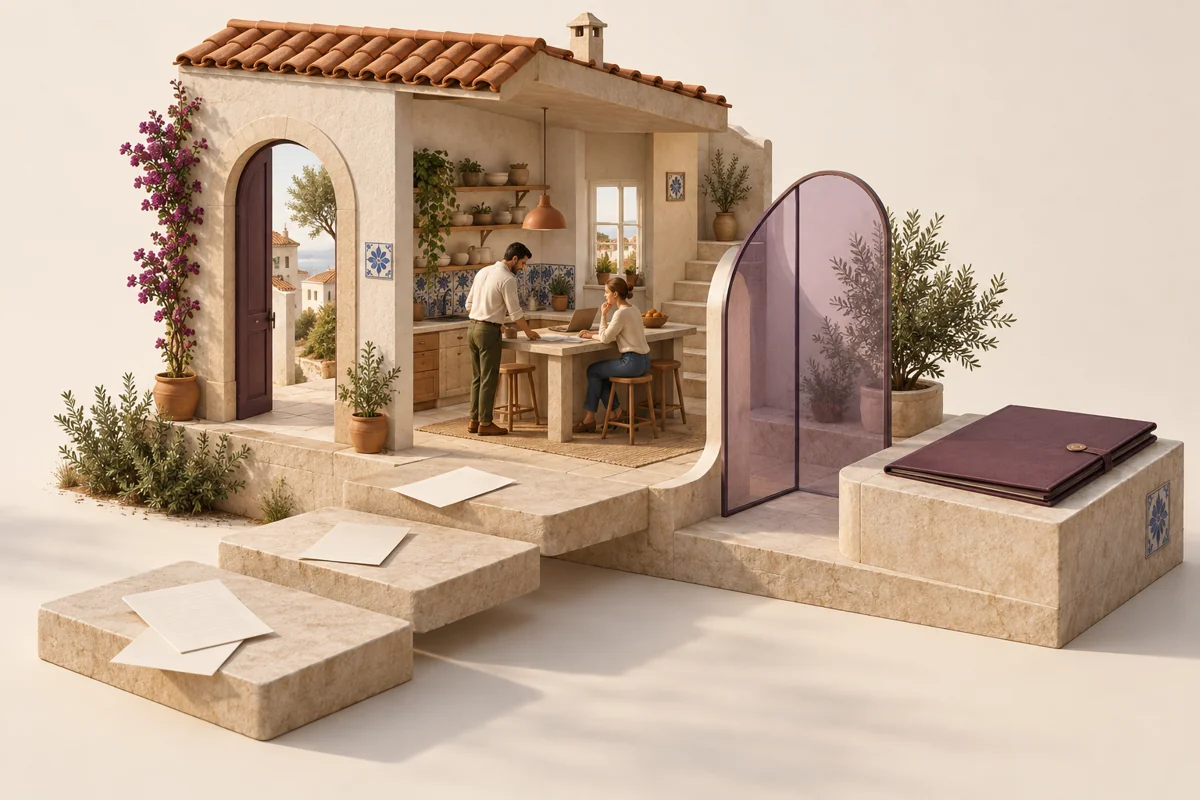 A Portuguese home, document steps and an organised aubergine folio.